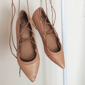 Tan Point toe lace up ballet flats